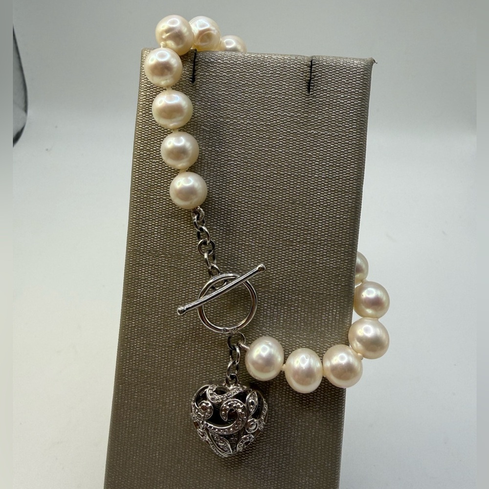 Sterling Silver 925 Freshwater Pearl Bracelet Toggle Heart Charm 7.5”